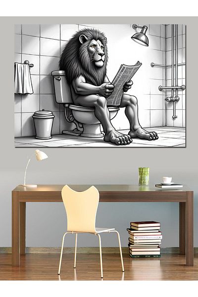 Tablomega Lion Citind Ziarul pe Toaletă Pânză Decorativă - Lemn MDF Pictură