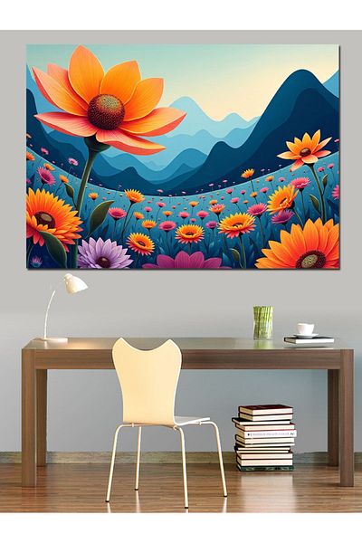 Tablomega Pânză decorativă cu flori colorate pe munte - Lemn MDF