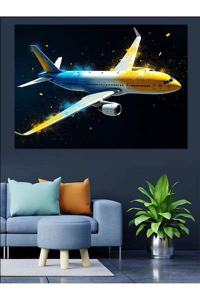 Tablomega Pânză decorativă pentru avion de pasageri cu stea aurie - pictură din lemn MDF