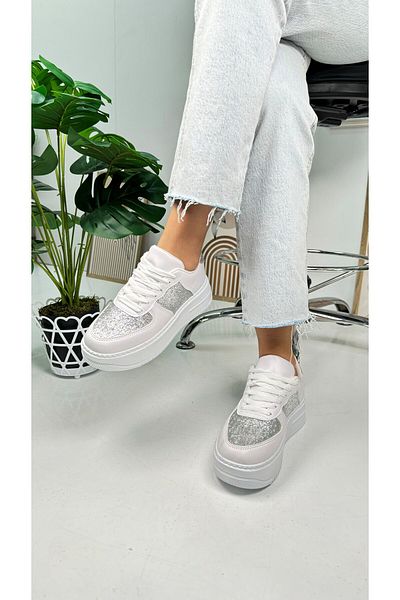 İmerShoes Pantofi casual cu sclipici alb - Pantofi sport groși cu talpă înaltă pentru mers