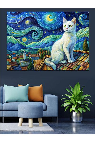 Tablomega Pisica Albă și Case Retro Pânză Decorativă în stil Van Gogh - Lemn MDF