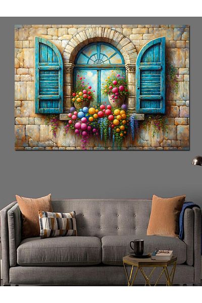 Tablomega Fereastră Retro și Pânză Decorativă Flori - Lemn MDF