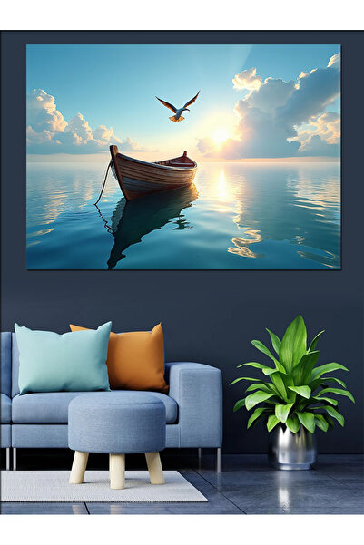 ekart Gölde Yalnız Tekne Dekoratif Kanvas - Mdf Ahşap Tablo