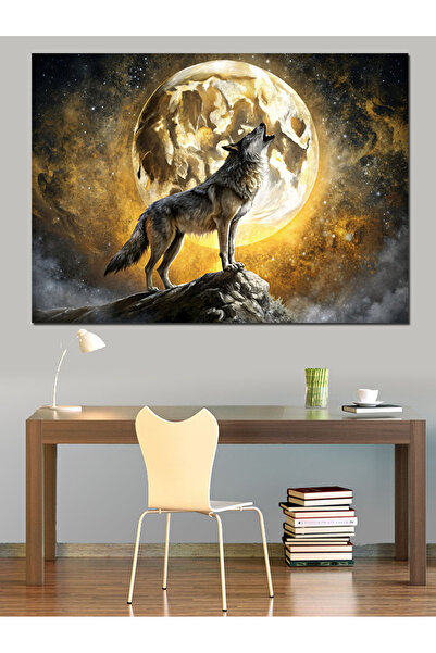 Tablo Mega Bozkurt  Ve Dolunay Dekoratif Kanvas - Mdf Ahşap Tablo