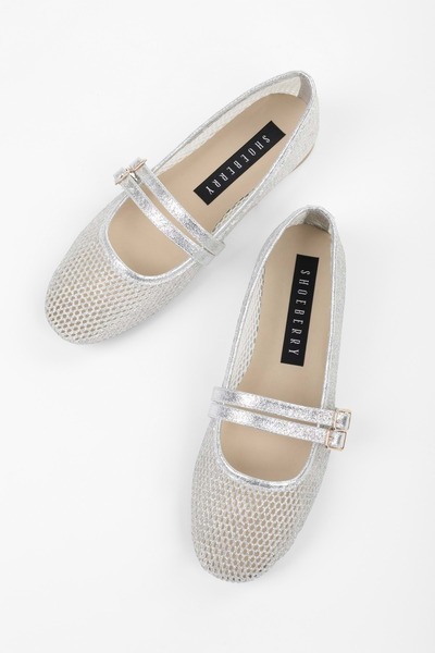 Shoeberry Dámské baleríny Lume Silver Mesh s páskem