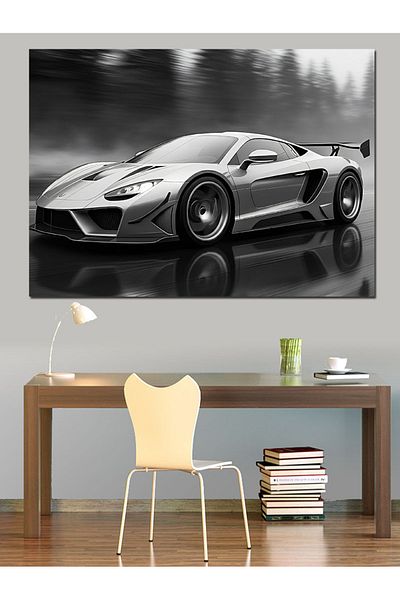 Tablomega Pânză decorativă cu desen de mașină sport albă - pictură din lemn MDF
