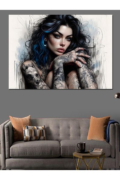 Tablomega Pânză decorativă pentru femei cu păr albastru și tatuaj - Lemn MDF