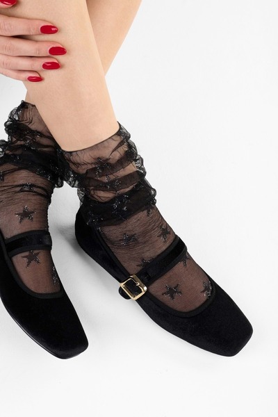 Shoeberry Women's Bobbi Black Velvet Blunt Toe Ballerinas