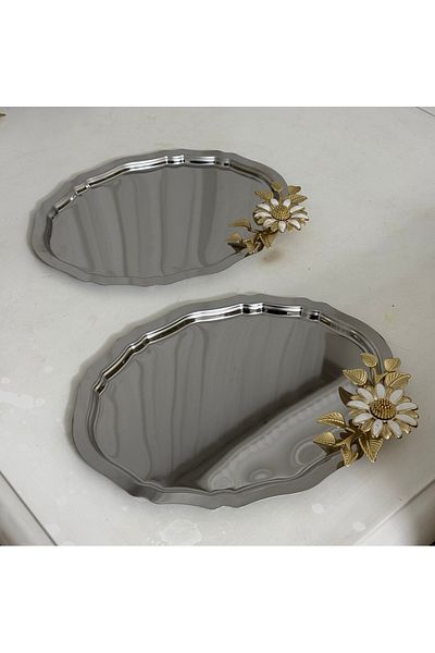 SEVA ÇELİK Stainless Steel 2 Pieces Oval Large Daisy Service Table