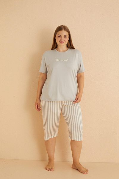 Pijamaevi Graues, süß gemustertes Bambus-Capri-Kurzarm-Oversize-Pyjama-Set