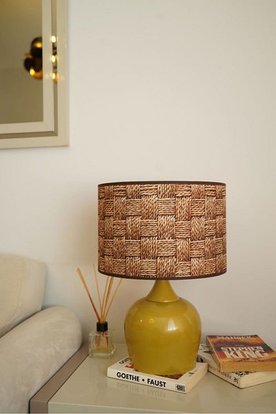retro home design Mustard Color Footed Cylinder Special Basket Printed Lampshade Table Lamp Living Room Bedroom