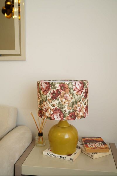 retro home design Mustard Color Footed Cylinder Flower Printed Lampshade Table Lamp Living Room Bedroom