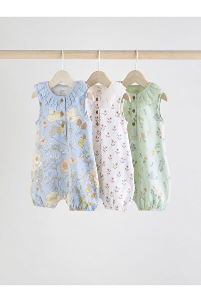 Next Baby %100 Pamuklu Mavi Krem  Çiçek Desenli 3'lü Romper Set