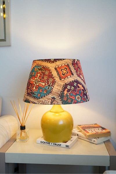 retro home design Mustard Color Footed Conical Special Model Printed Lampshade Table Lamp Living Room Bedroom