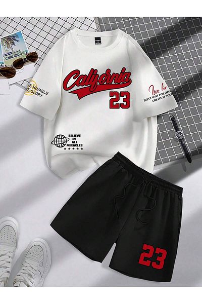 LUNAVISTA Men's Two-Piece Suit with Printed Number Lettering Round Neck T-Shirt and Shorts,