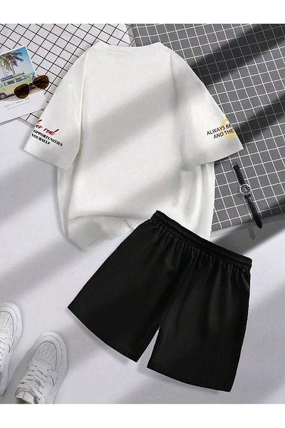 LUNAVISTA Men's Two-Piece Suit with Printed Number Lettering Round Neck T-Shirt and Shorts,
