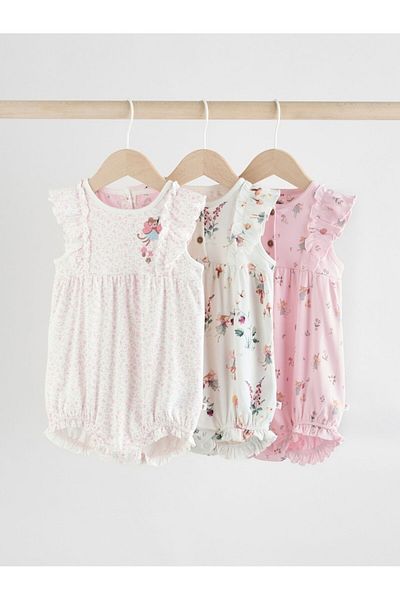 Next Baby 100% Cotton Pink Cream Floral Patterned 3-Piece Romper Set