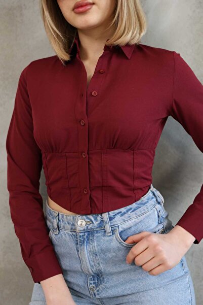 GALAVİP Kadın Bordo Gömlek Crop Slim Fit Dar Kesim Beli Lastikli