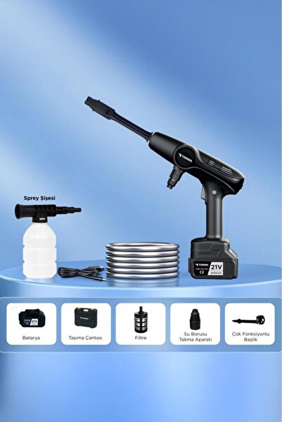 Torima D-015 Siyah Akülü Şarjlı Yüksek Basınçlı Oto Araba Bahçe Yıkama,Temizleme Su Tabancası