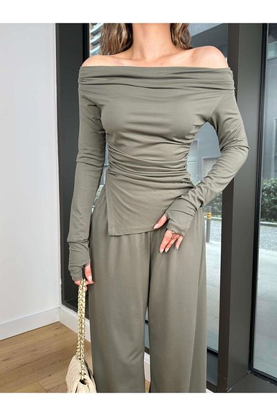 manana fashion Modal Fabric Draped Asymmetrical Cut Blouse Pants Khaki Double Suit