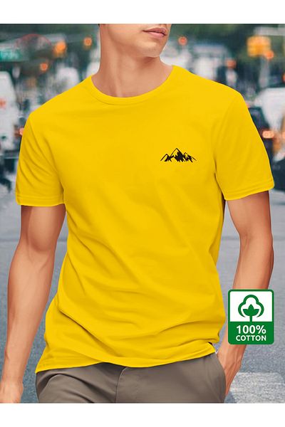 Let's Wear 100% βαμβακερό ανδρικό μπλουζάκι με κοντό μανίκι με στάμπα βουνού με στρογγυλή λαιμόκοψη, κανονικό μήκος