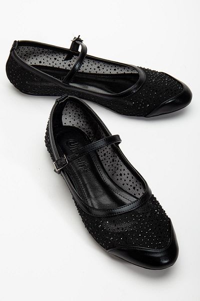 Dilimler Ayakkabı Women's Black Mesh Stone Laying Helmet Ballerinas