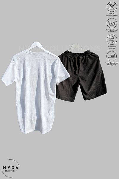 Nyda Collections Bürümcük Set Lycra Crinkle Fabric Summer Crew Neck Short Sleeve T-Shirt Black - White Shorts Set