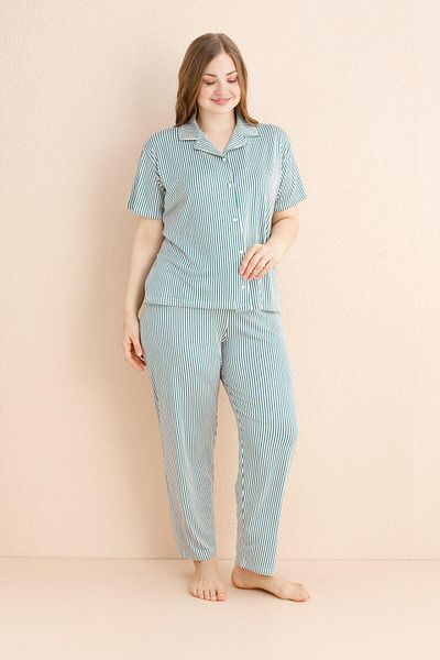 Pijamaevi Petrol Opulence gemustertes, kurzärmliges, übergroßes Pyjama-Set aus Bambus mit Knöpfen vorne