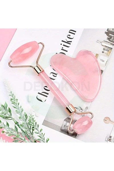 DEPOKON Pembe Kuvars Face Roller Ve Kalp Gua Sha Masaj Aleti Seti Doğaltaş
