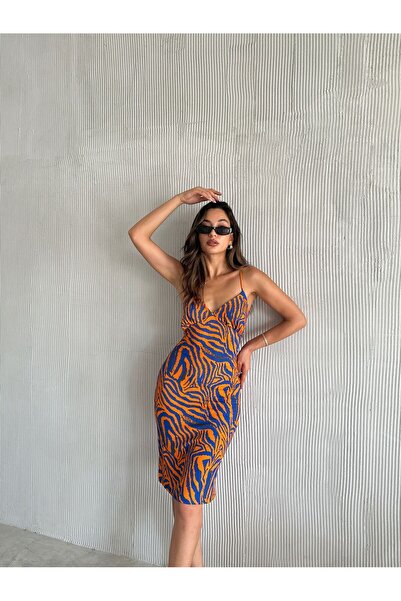 Sunlit Collections Kadın Turuncu Mavi Zebra Desenli Spagetti Askılı Yazlık El...