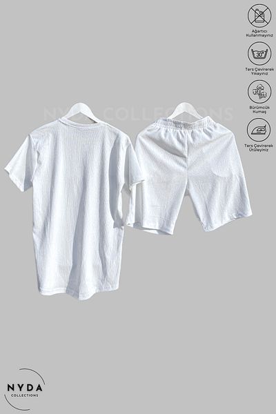 Nyda Collections Bürümcük Suit Lycra Crinkle Fabric Summer Lycra Crew Neck Short Sleeve T-Shirt White Shorts Suit