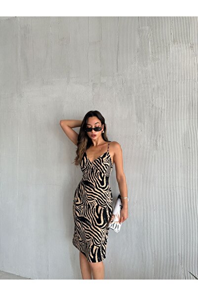 Sunlit Collections Kadın Siyah Bej Zebra Desenli Spagetti Askılı Yazlık Elbise