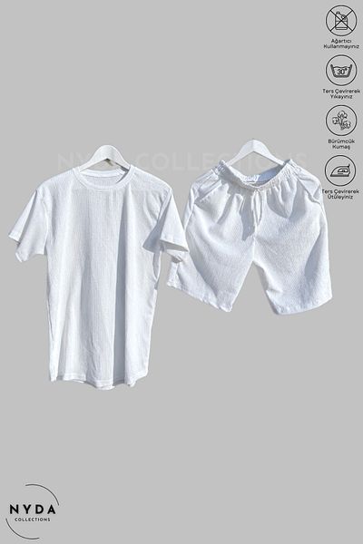Nyda Collections Bürümcük Suit Lycra Crinkle Fabric Summer Lycra Crew Neck Short Sleeve T-Shirt White Shorts Suit