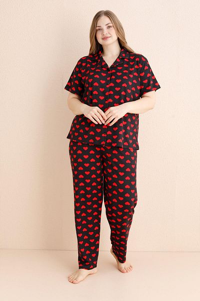 Pijamaevi Schwarzes, kurzärmliges, großes Oversize-Pyjama-Set aus Bambus mit Nocturne-Muster und Knöpfen vorne