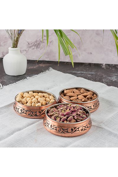 DMT COPPER HOME Gaziantep Copper Breakfast Plate Set and Devotional Bowl Hand Name: (Boxed-Tray)