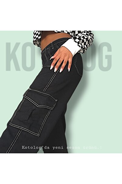 KOTOLOG Чорні унісекс-штани з білою строчкою, широкими штанинами та кишенями