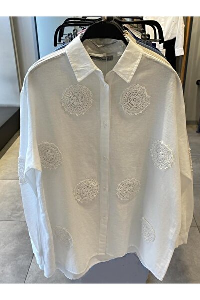 ERTULTEXTILE YUVARLAK DANTEL DETAYLI GENİŞ KALIP GÖMLEK
