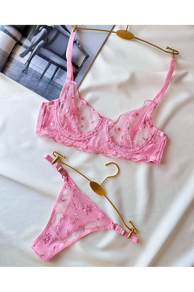 Nashera Set de lenjerie cu sârmă, cu model floral, pudră de rubin
