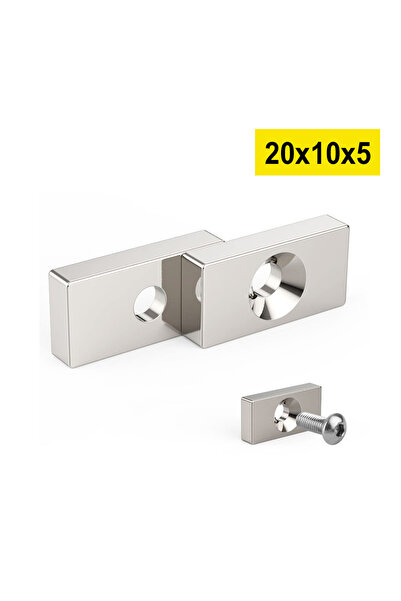 Dünya Magnet 2 Adet, Neodyum Mıknatıs, 20x10x5 Mm, D:8/4 Mm, Köşeli, Havşa De...