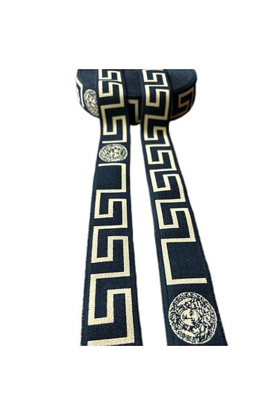 ŞENEL DAR DOKUMA 3,5cm black-gold patterned jacquard woven elastic-waist hem flat elastic- elastic band / 25m