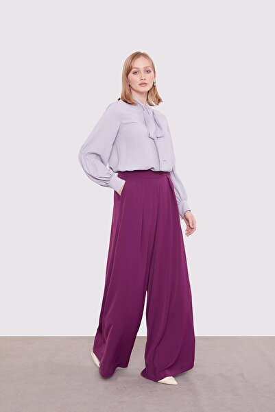 Levidor Purple Pleated Detailed Wide Leg Trousers
