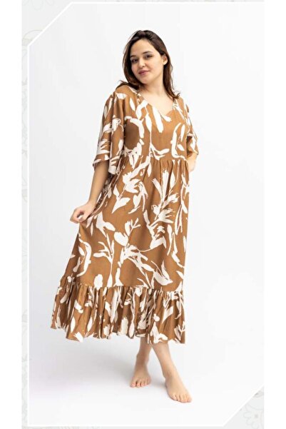 BYB Büyük Beden Sarı batik yazlık elbise