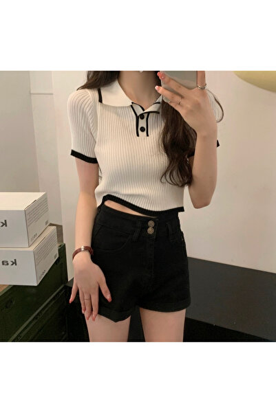 LUSHİGO Women's Polo Neck Soft Textured Crop Short Sleeve Pullover T-Shirt 0090277 Lushigo