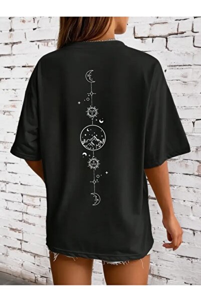 LAND MODA تي شيرت برقبة دائرية مطبوع عليه القمر والجبل، تي شيرت كاجوال بأكمام...