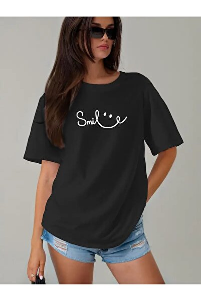 AZIZI TEKSTIL Γυναικείο μπλουζάκι από βαμβακερό casual με στάμπα "Smile", στρ...