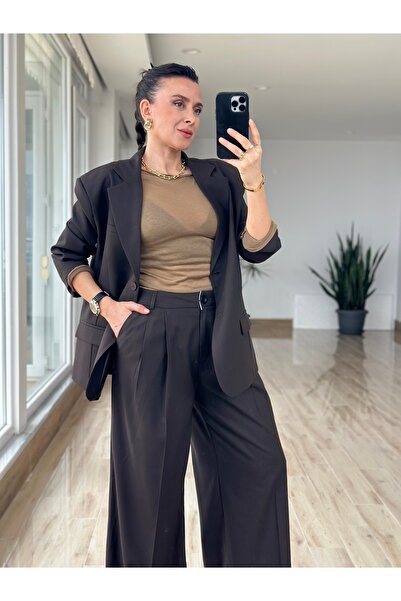 AYSEGUL SOZKESEN Poliviskon Acı Kahve Oversize Blazer Ceket