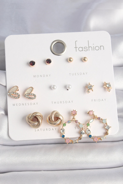 Skygo Brass Gold Color Colorful Zircon Stone Heart Detail 7 Pairs Women Earrings Set - Tj-Bkp10162