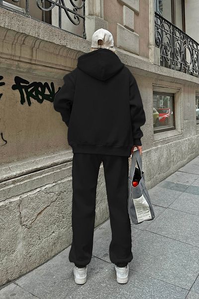ruNadeS Women's Black 3 Thread Raised Fleece Inside Door & Zippered Tracksuit Set