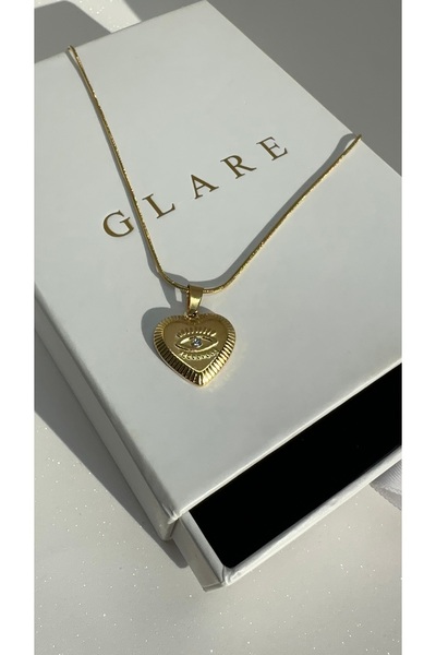 GLARE JEWELRY Kalp Göz Nazar Model Taşlı Zincir Kolye Rodyum Paslanmaz Çelik 40+5 cm