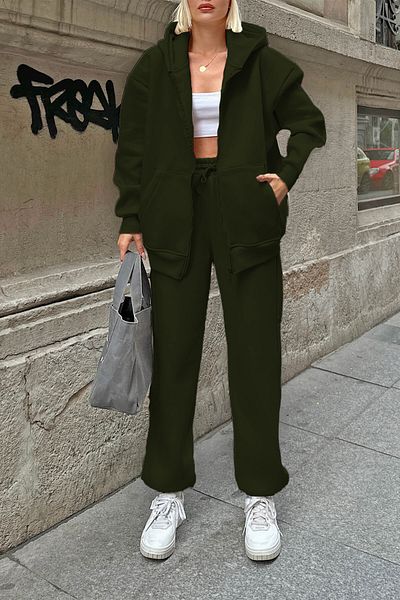 ruNadeS Women's Khaki 3 Thread Rose Gold Fleece Inside Hooded Zippered Tracksuit Set Cardigan